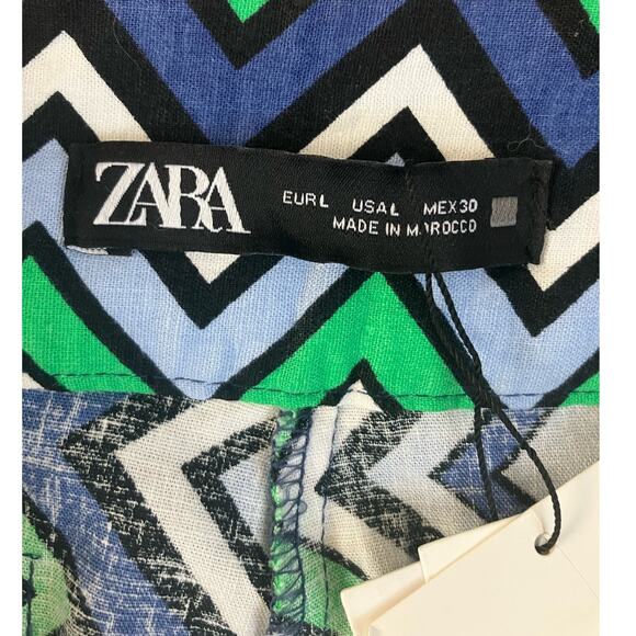 New Zara Chevron Blue Black White Green Linen Blend Pants Large - Picture 4 of 7